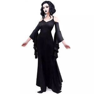 Killstar Lavina Black Satin Maxi Dress Witchy Pinup Flowy Sleeves Pentagram